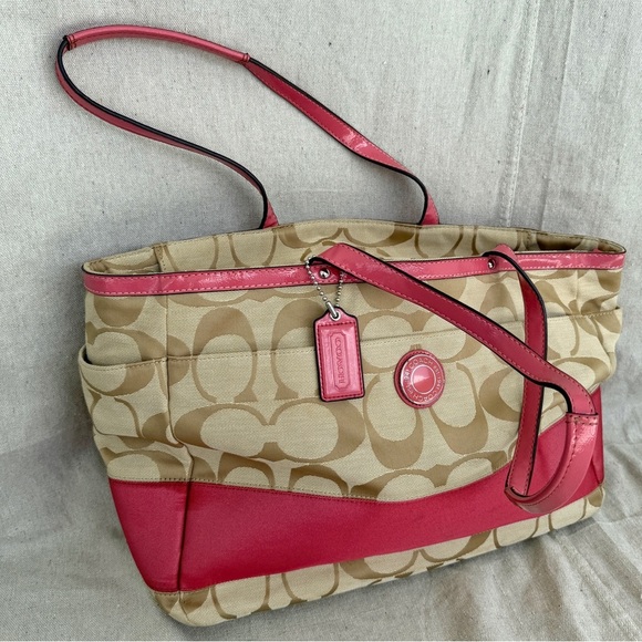 Coach Signature Khaki Canvas & Pink Leather Large Diaper Bag  Tote F19202 - Picture 1 of 16